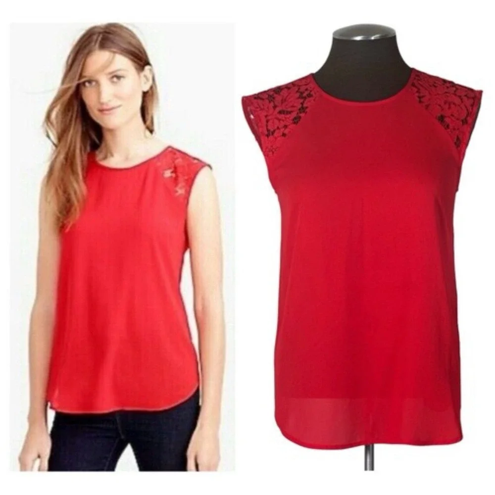 J Crew Women's Red Crew Neck Sleeveless‎ Lace Detailed Blouse Size 0